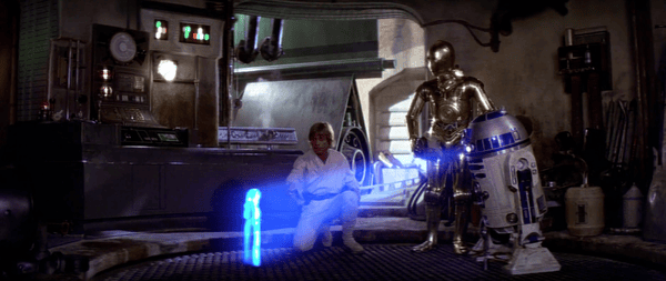 R2D2 projects Princess Leia hologram in Star Wars