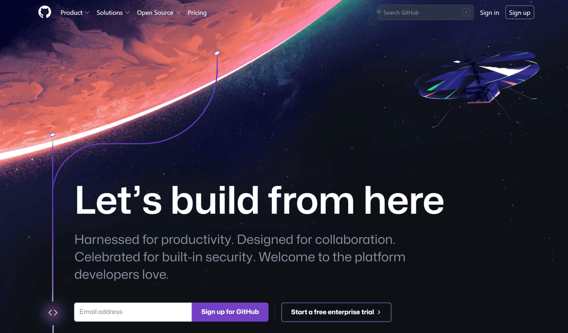 Ekran główny serwisu GitHub: Zacznijmy budować od tego miejsca