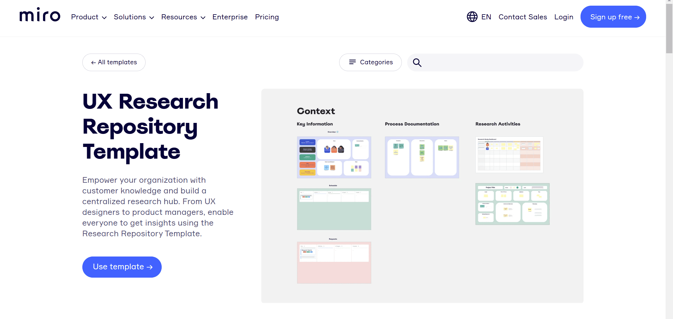Miro vous permet désormais d'utiliser des modèles pour créer un référentiel de recherche UX.