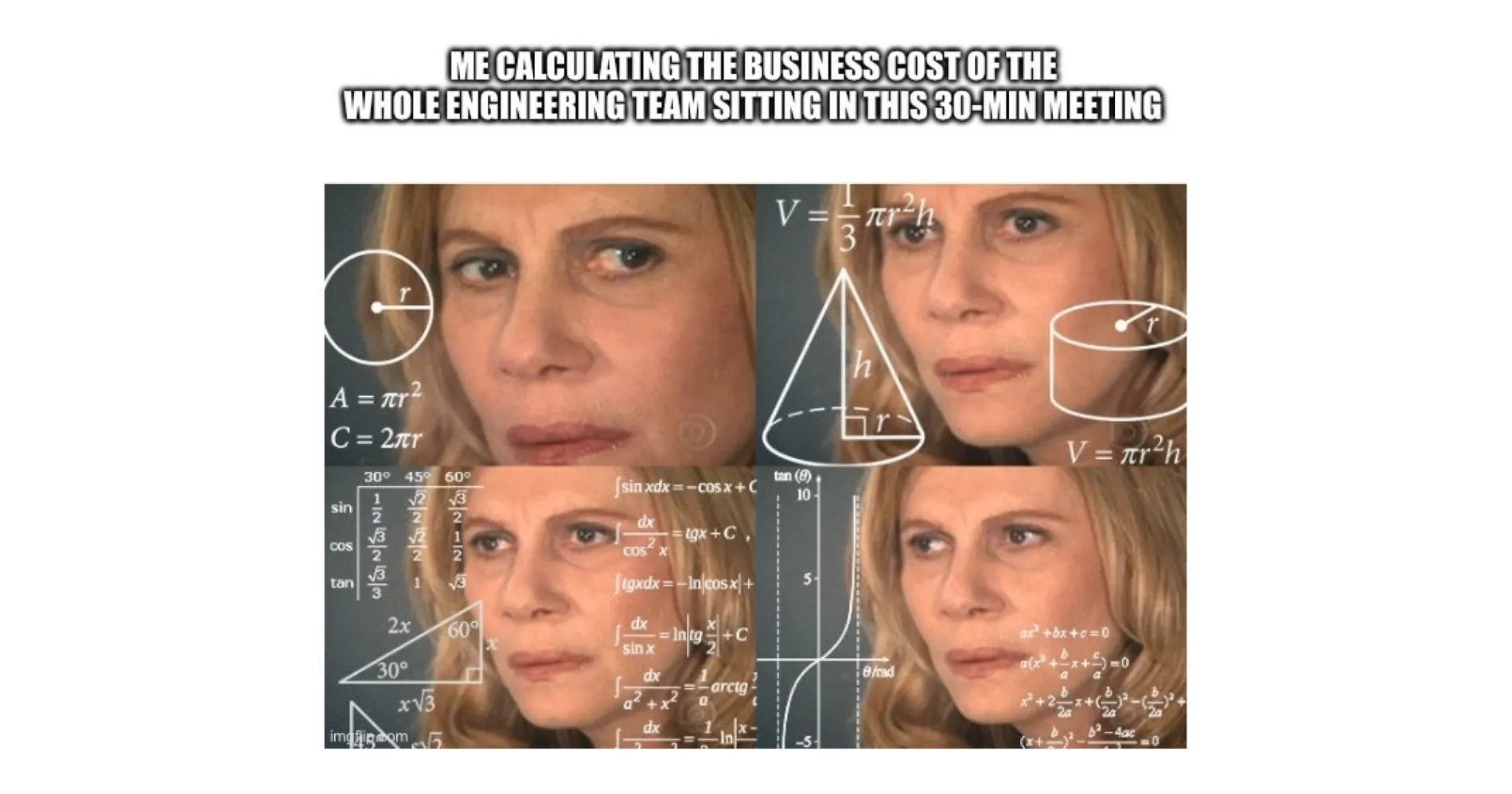 meme sul fatto che il costo di una riunione sia un rompicapo matematico incredibilmente difficile