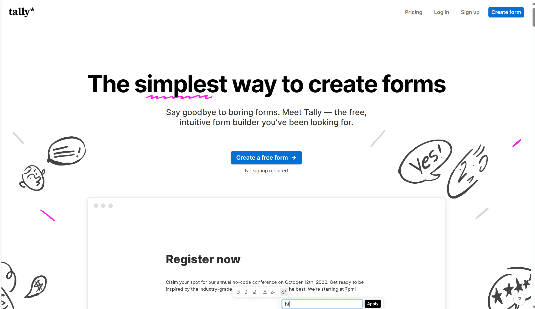 Tally.so's homepage