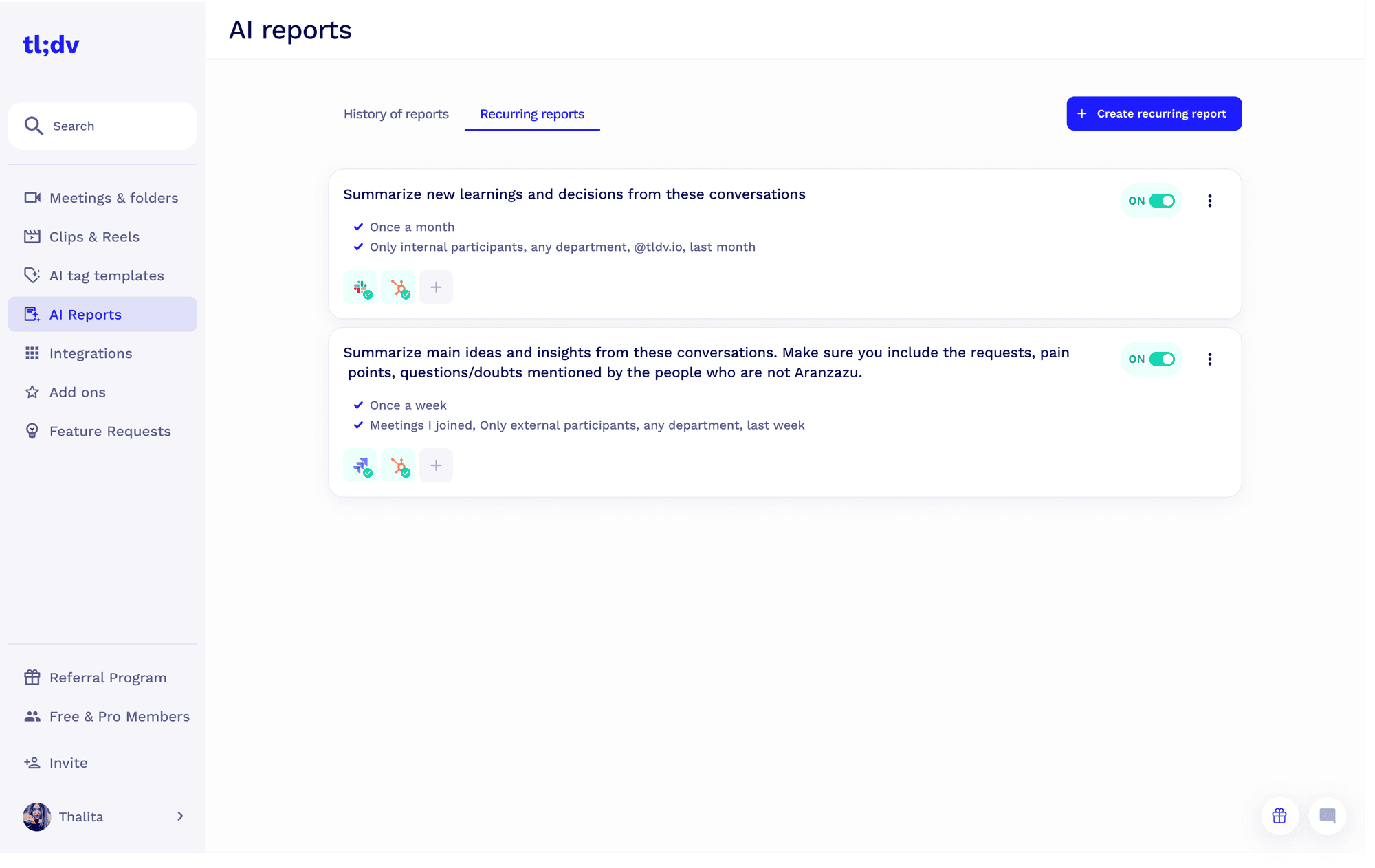 Recurring AI reports