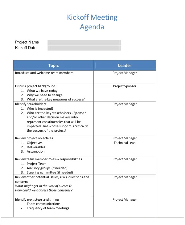 Vorlage für die Tagesordnung des Kick-off-Meetings