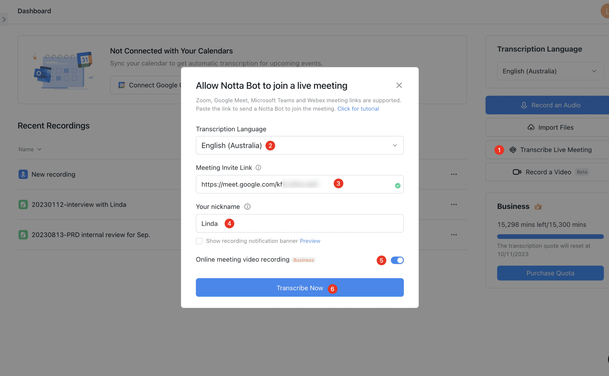 Notta Invitar bot a reunión