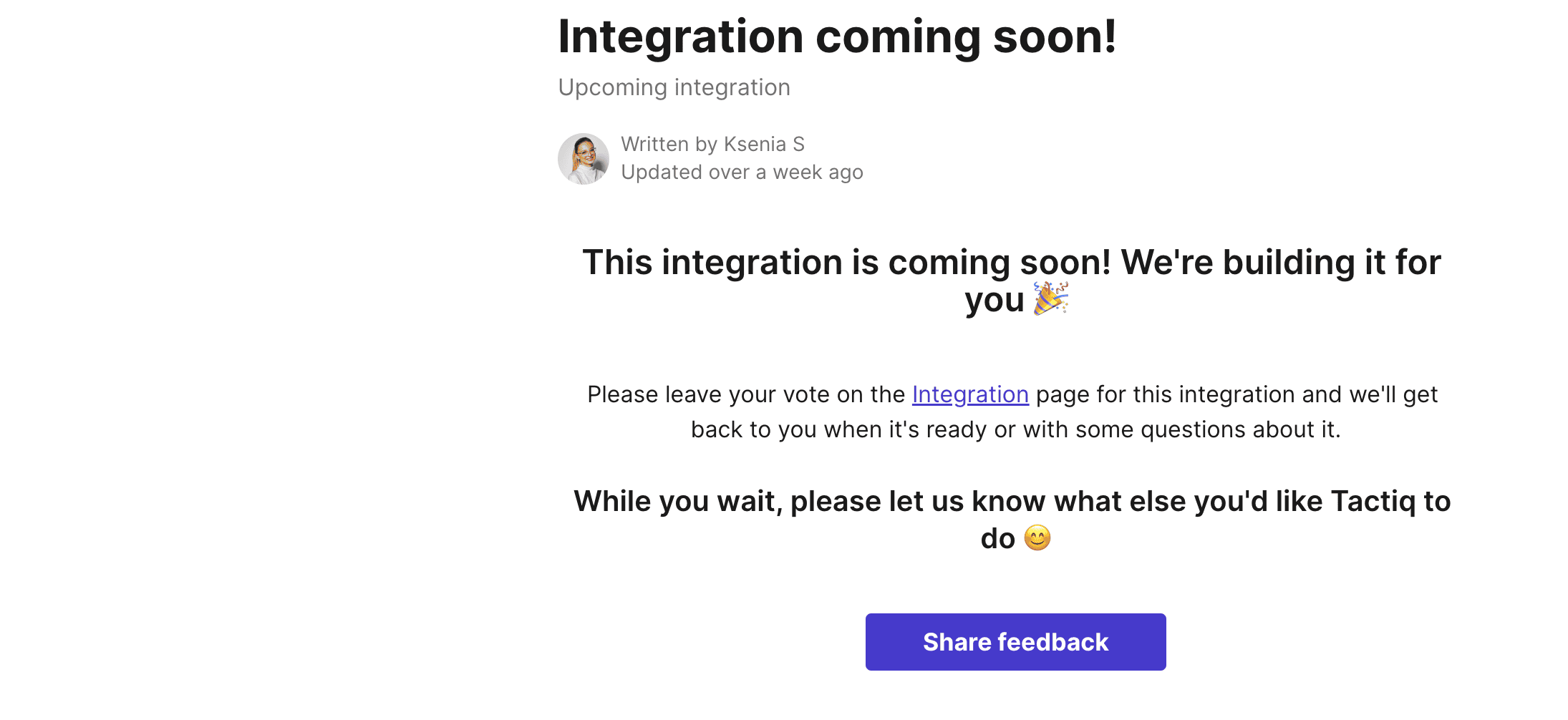 Screenshot von tactiq - Integrationen sind "in Kürze" verfügbar