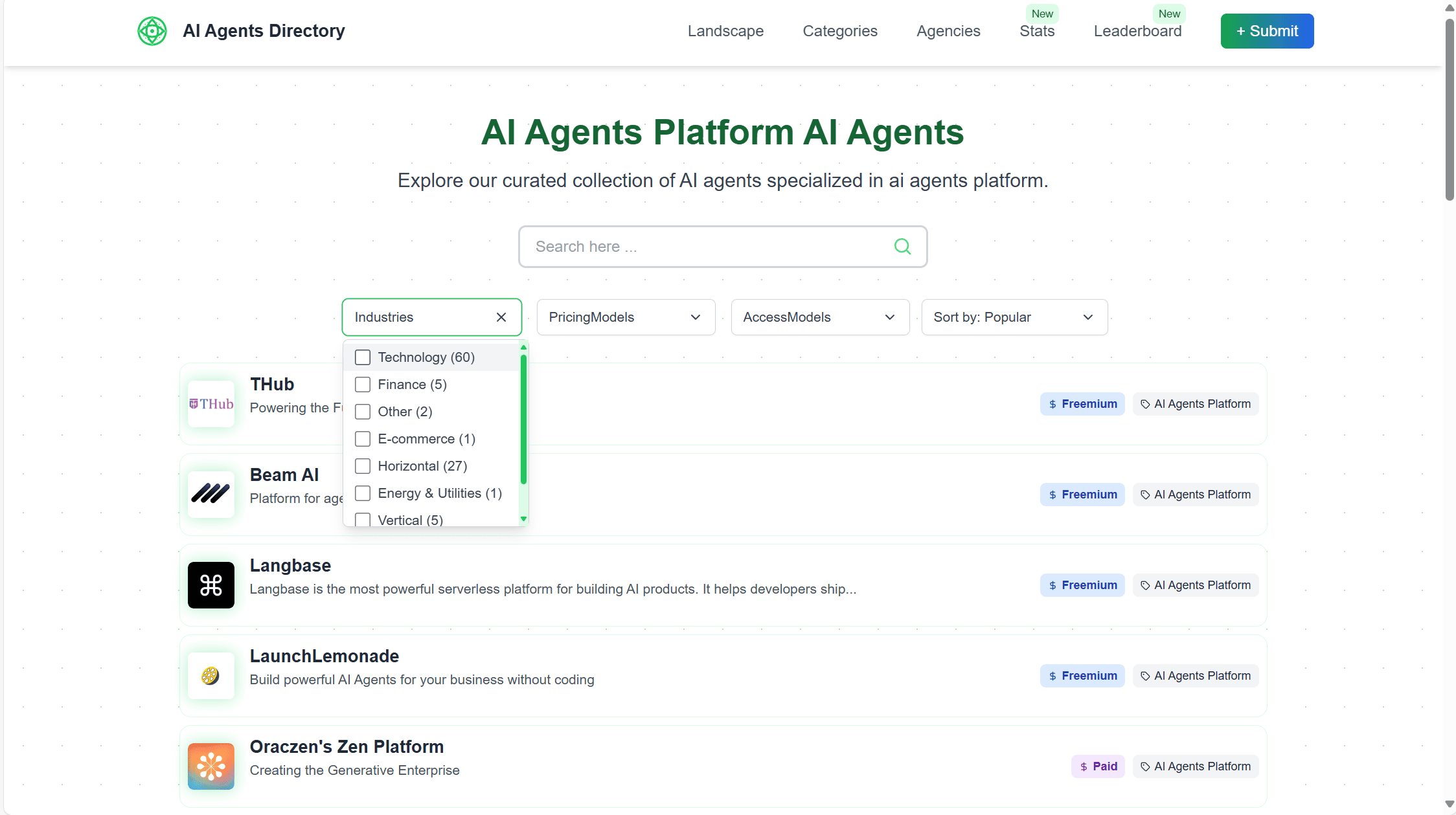 Filtros de pesquisa do AI Agents Directory.