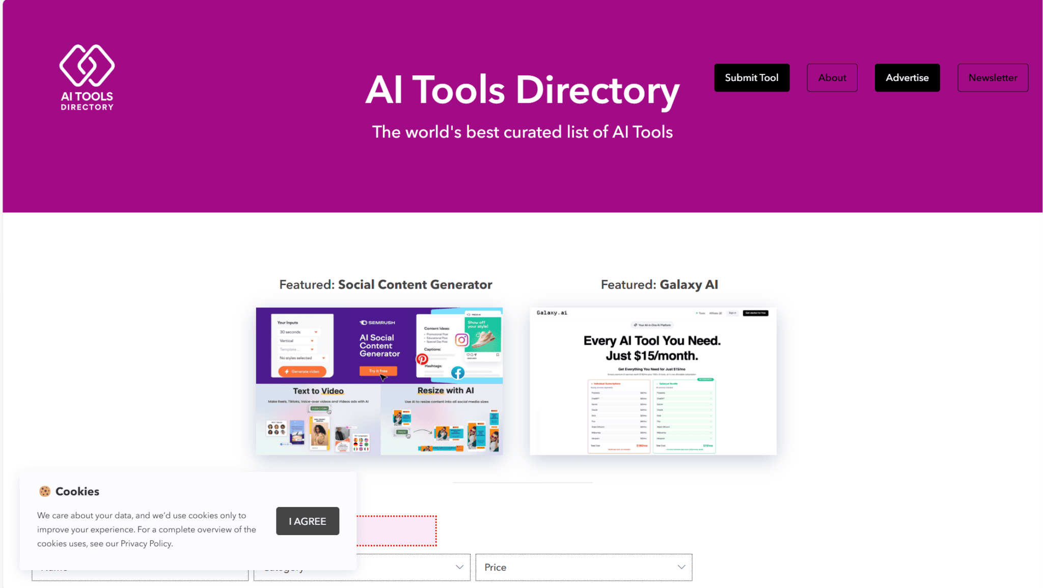 Homepage della Directory degli strumenti AI