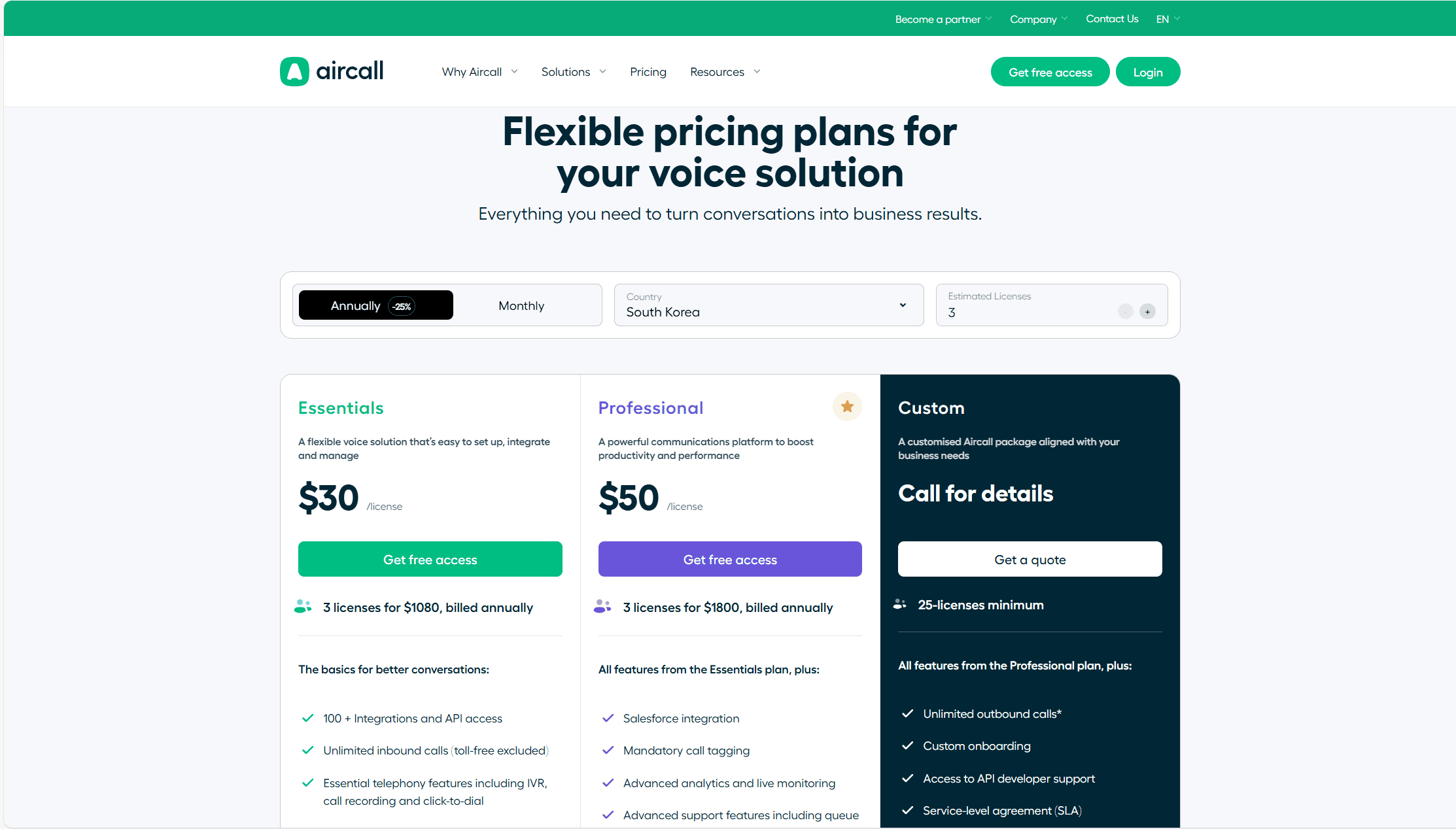 Guía de precios de Aircall. Una licencia única del plan Esencial cuesta a partir de 30 $ al mes.