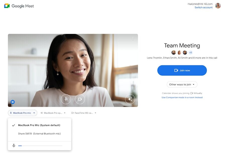 Sélectionnez le bon micro lors de votre test Google Meet