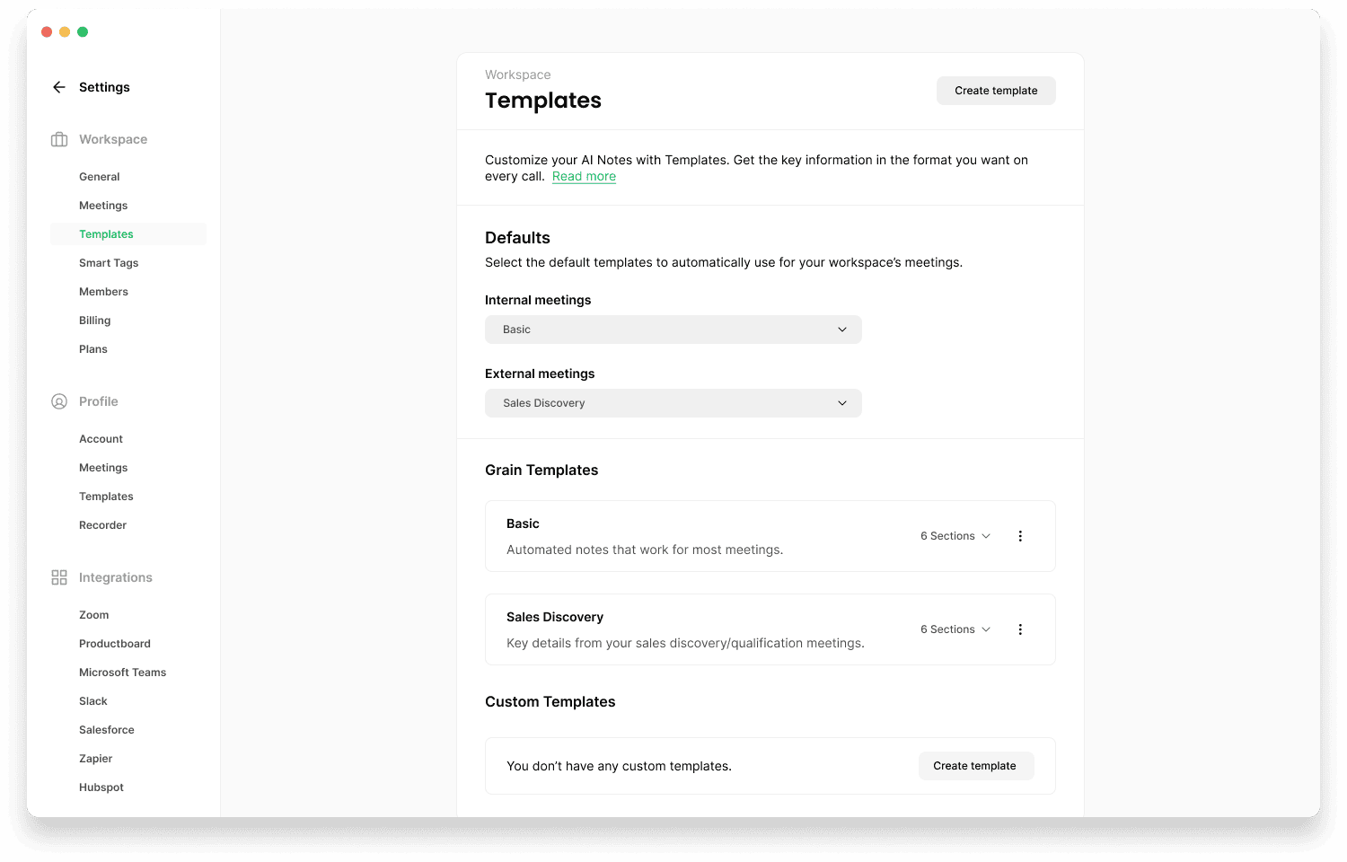 Modèle de note de réunion personnalisé de Grain