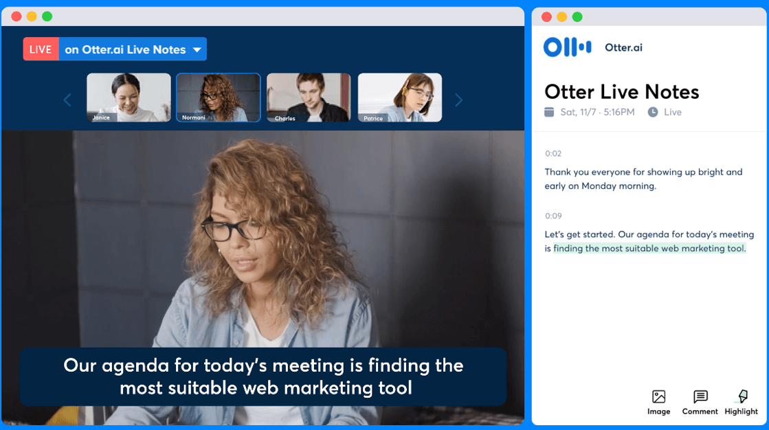 Otter video call on the Enterprise plan with live notes