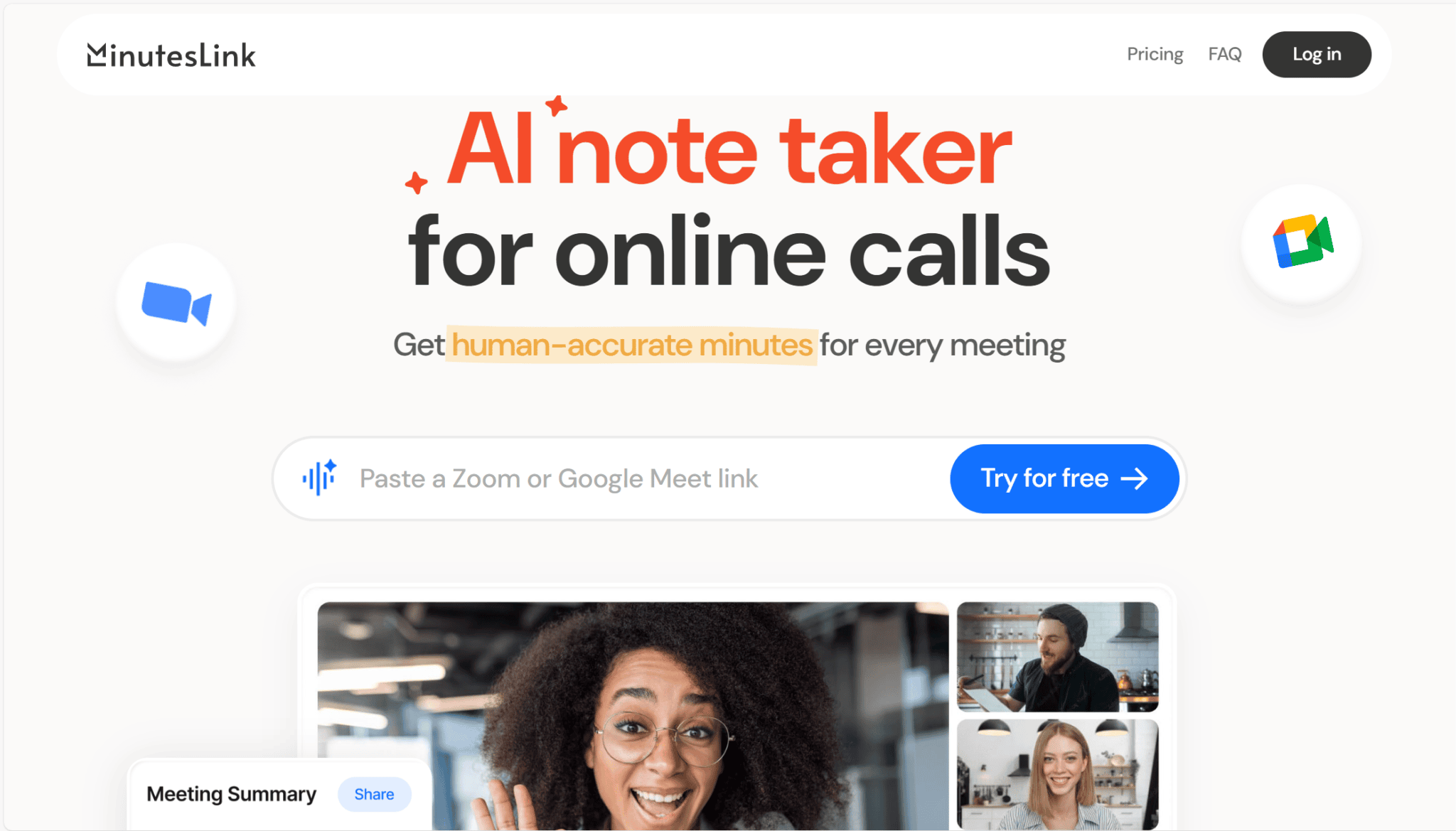 MinutesLink homepage: an AI notetaker for online calls