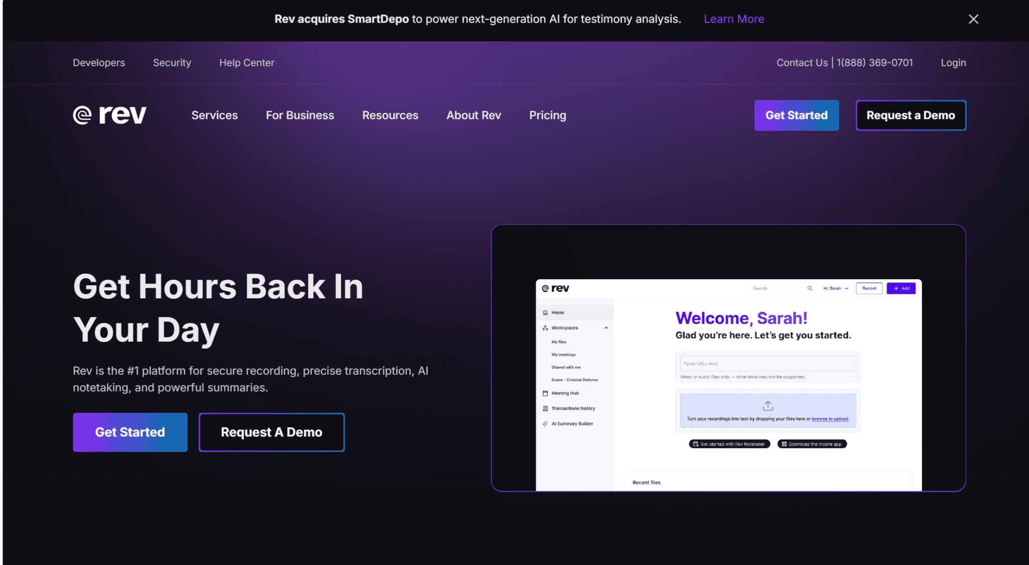 Rev's new homepage: "Get hours back in your day."