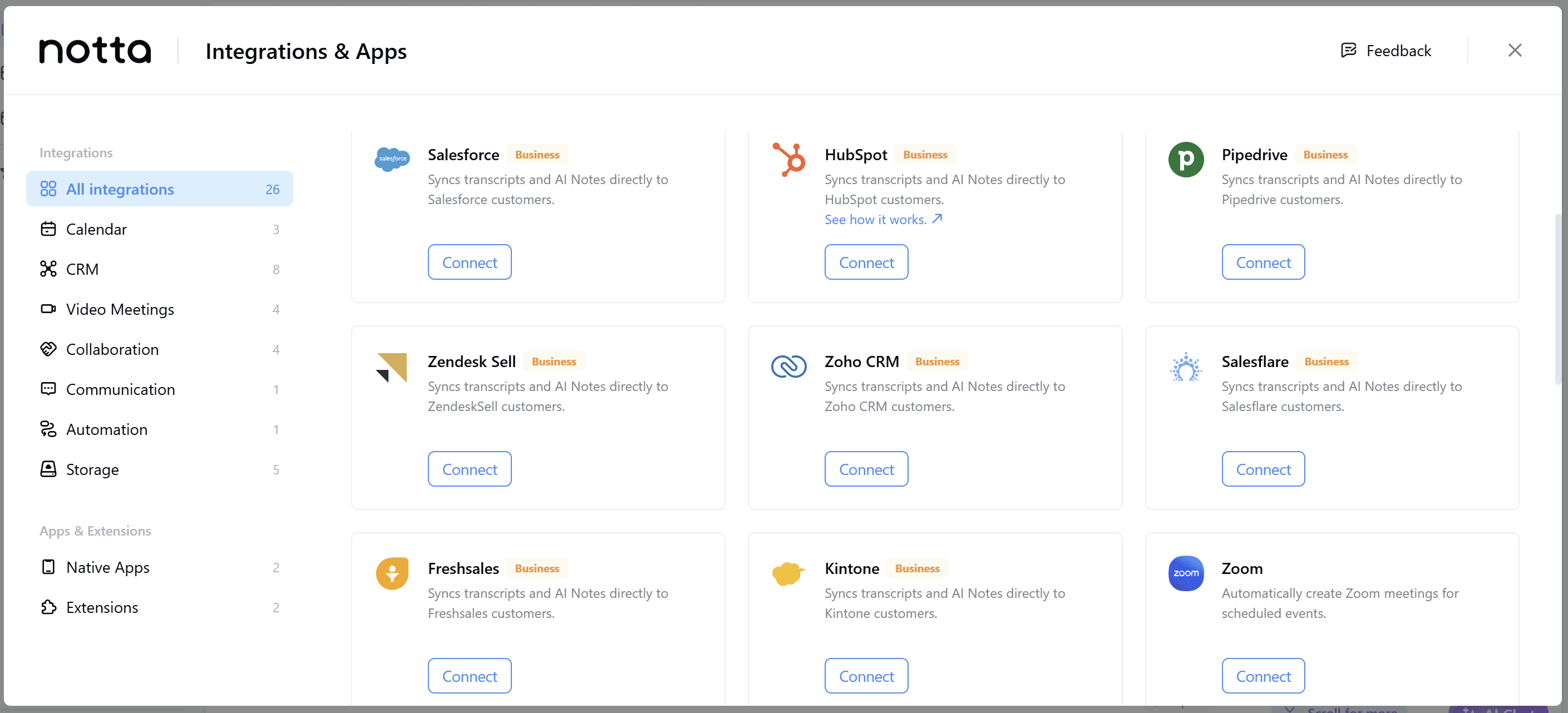 Lista de integración de Notta
