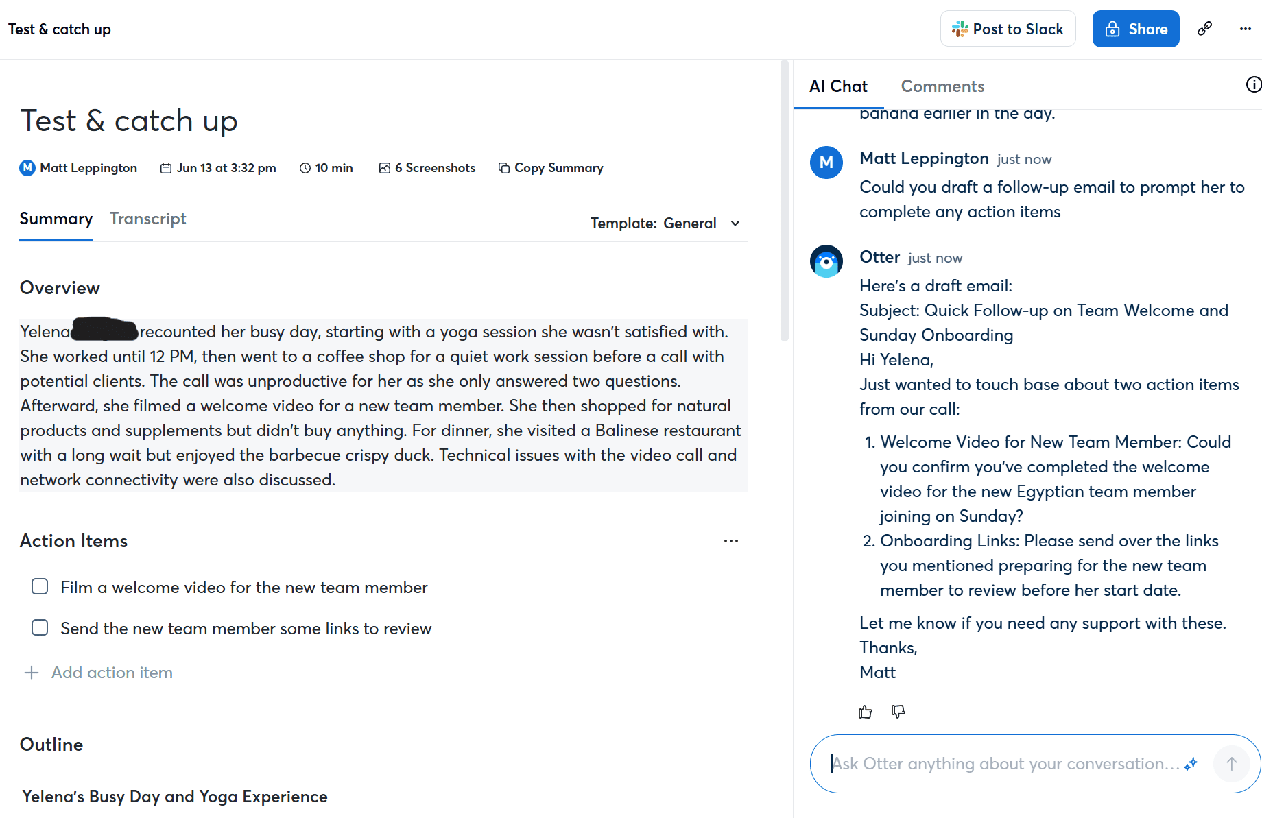 Otter AI-Zusammenfassung und Generierung von Follow-up-E-Mails
