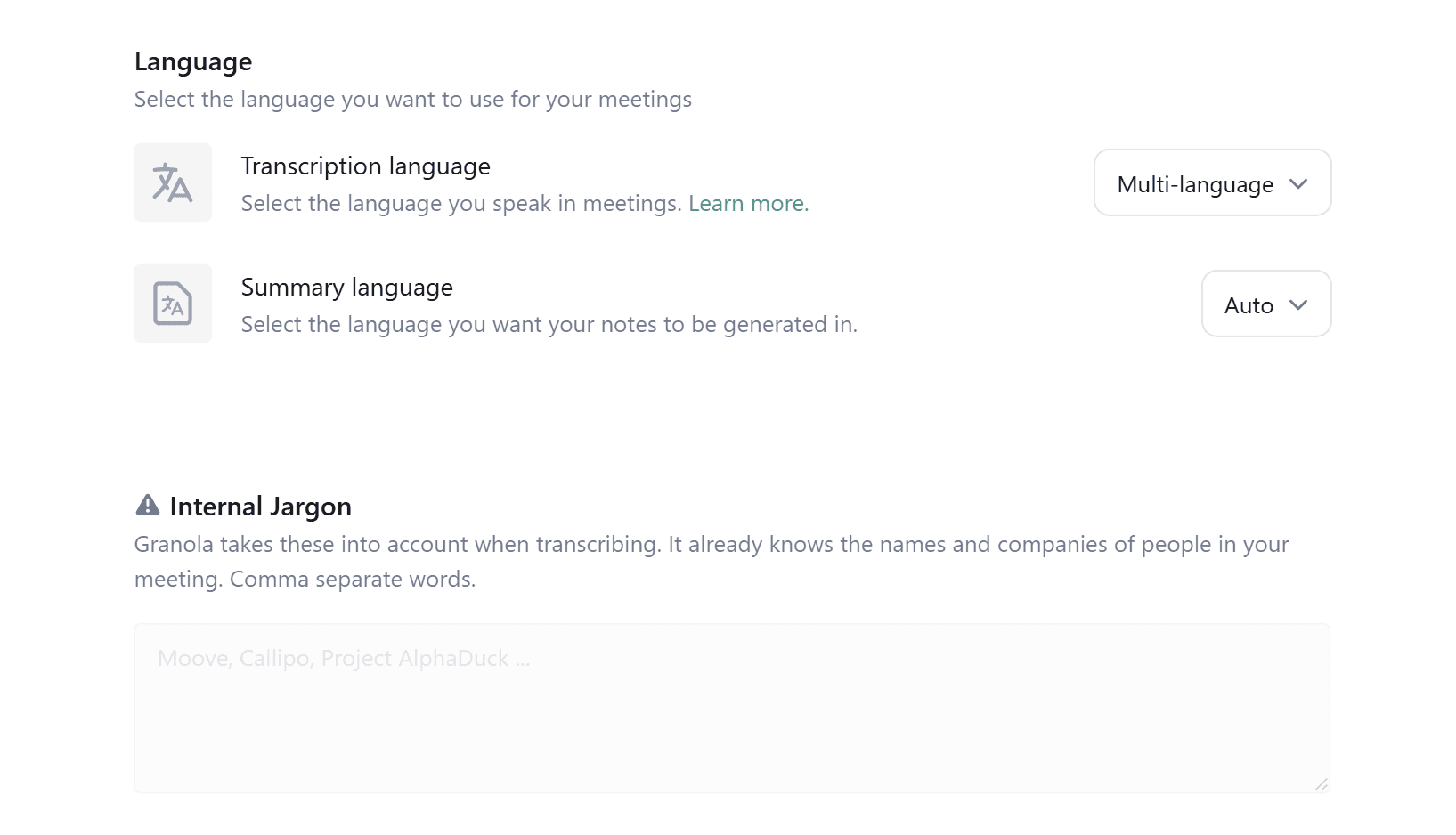 Recurso de vocabulário personalizado Granola