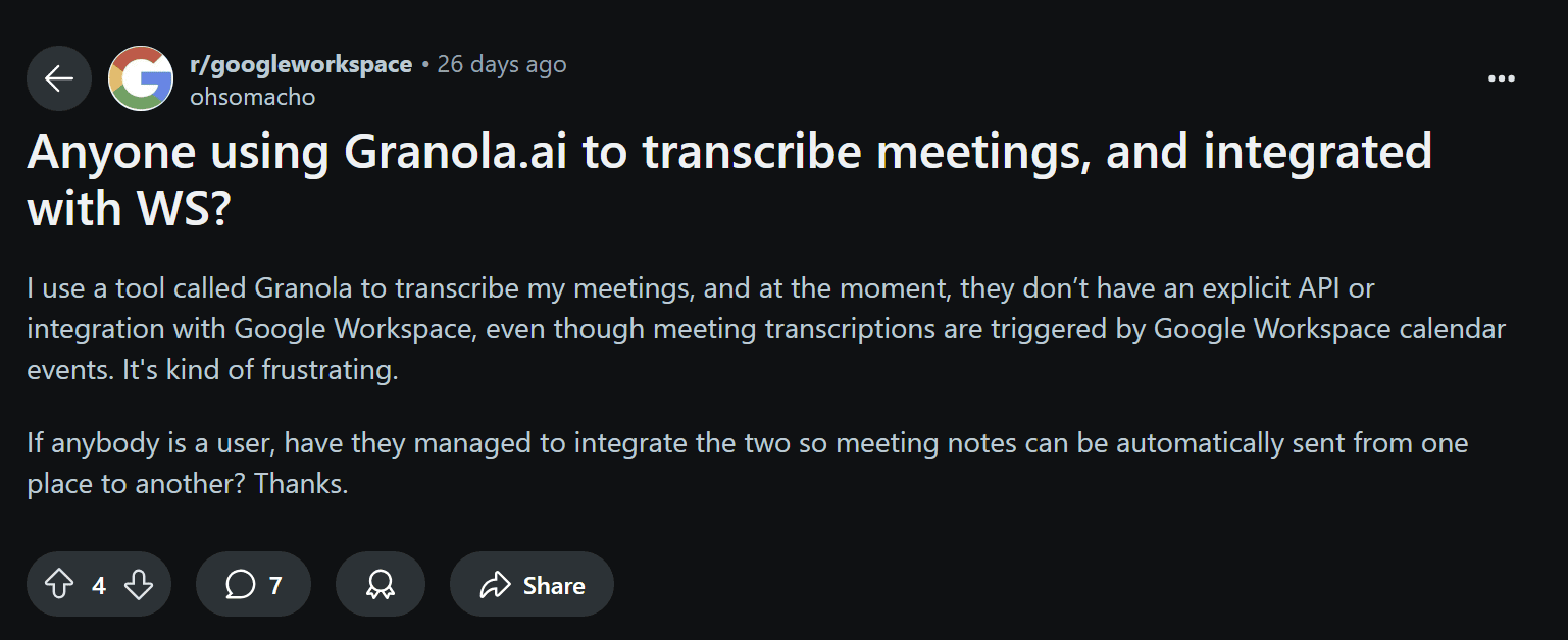 Uma publicação no Reddit com baixo engajamento sobre a fraca integração Granola