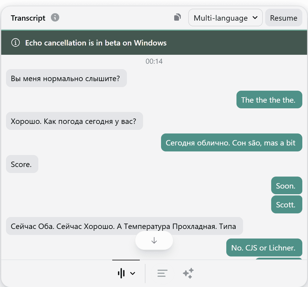 A tentativa Granola de transcrever uma aula de russo.