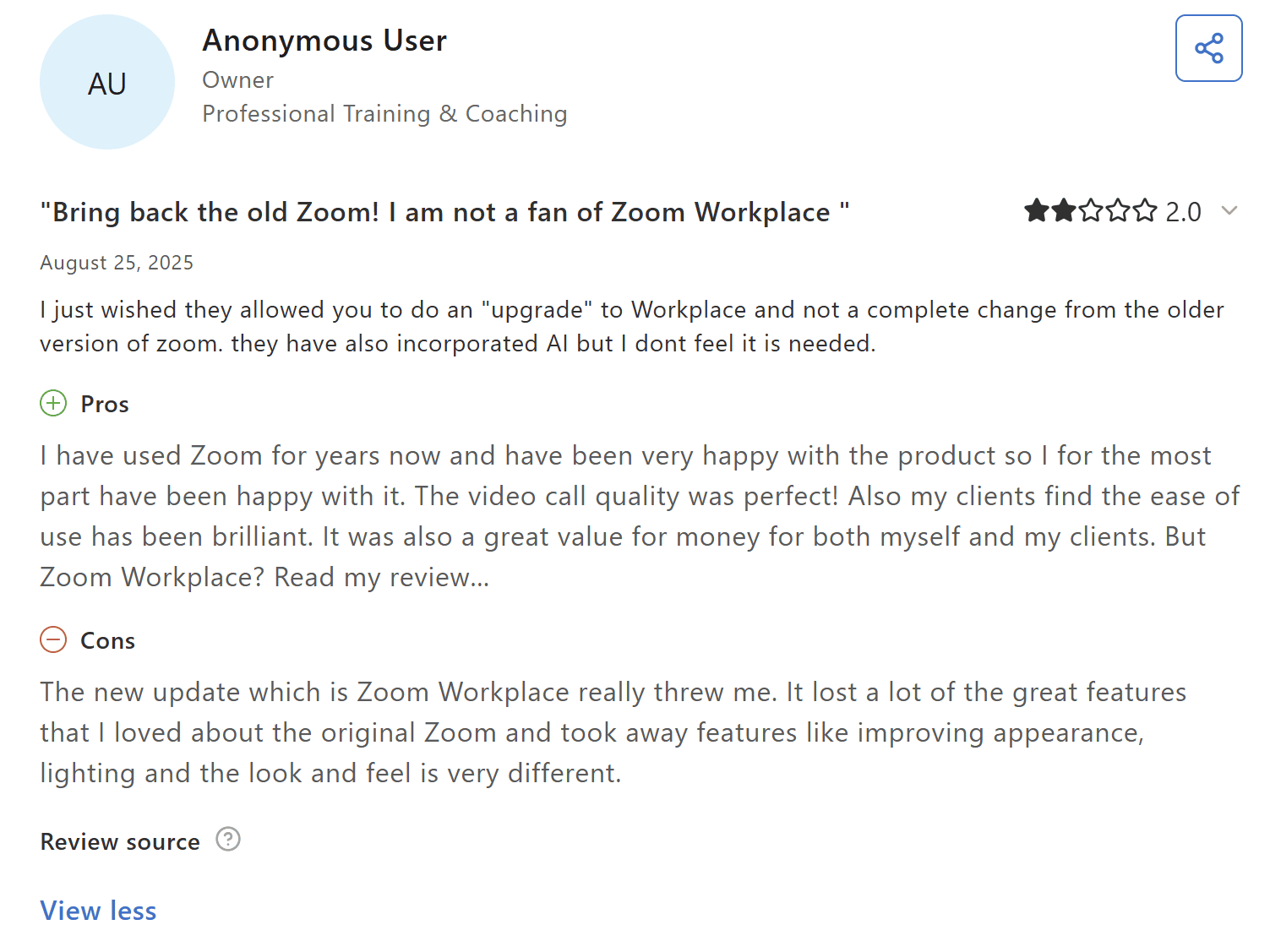 A IA do Zoom recebe uma avaliação de 2 estrelas no Capterra.