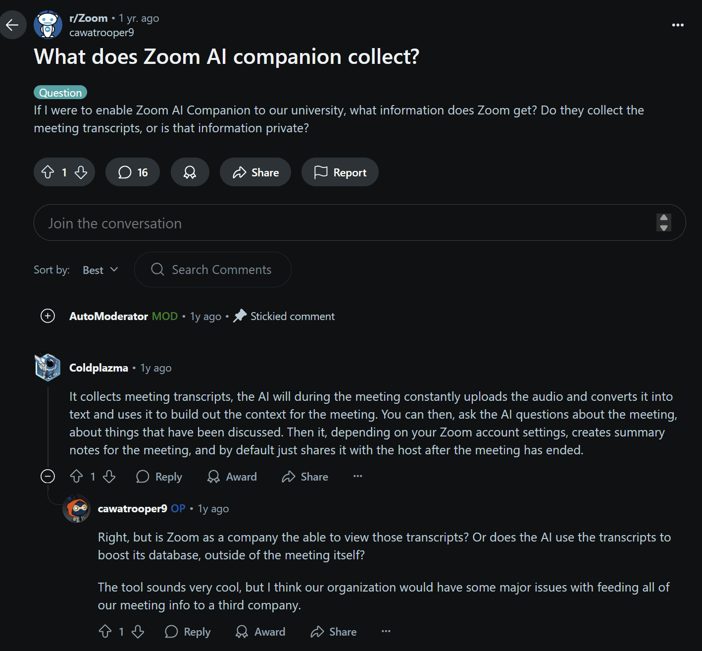 Publicação no Reddit sobre preocupações com a privacidade no Zoom AI Companion.