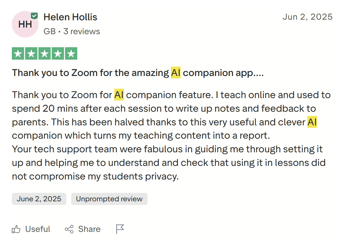 Crítica de 5 estrelas de Helen sobre o AI Companion.