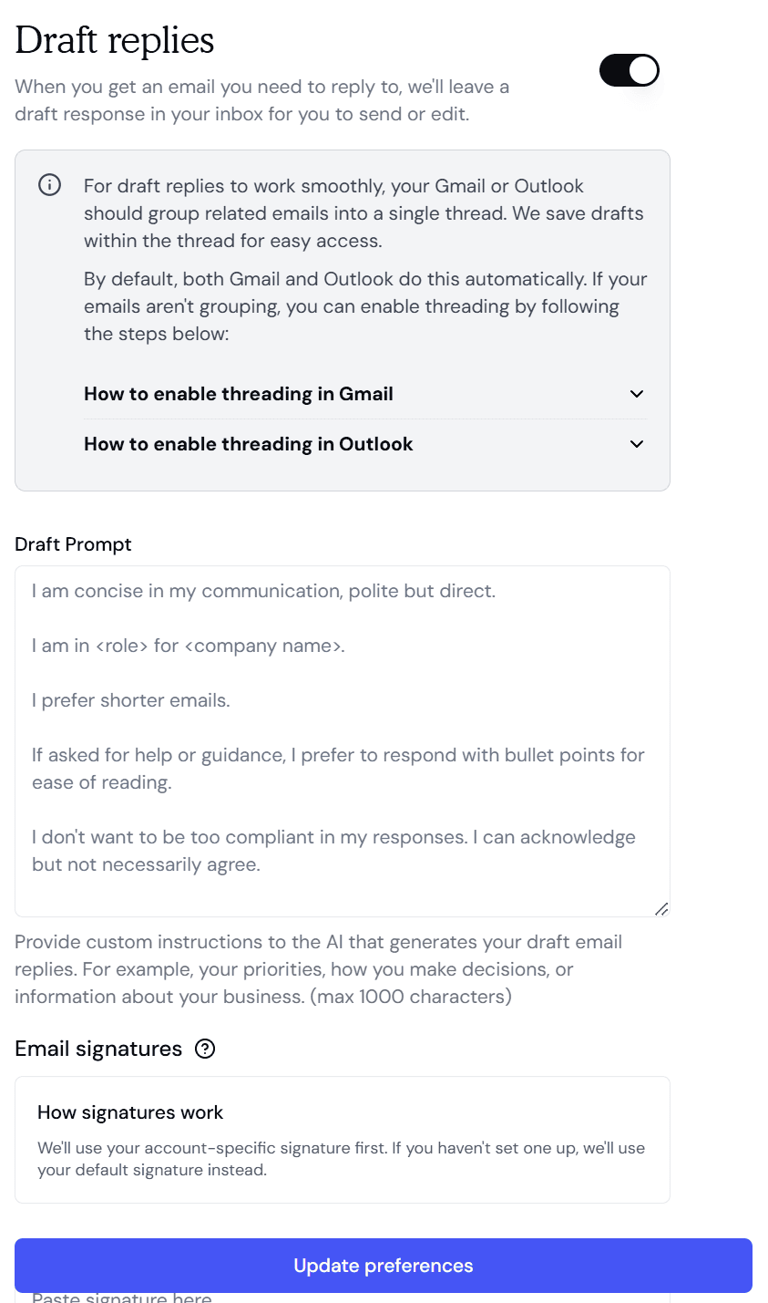 Fyxer.ai's email draft settings