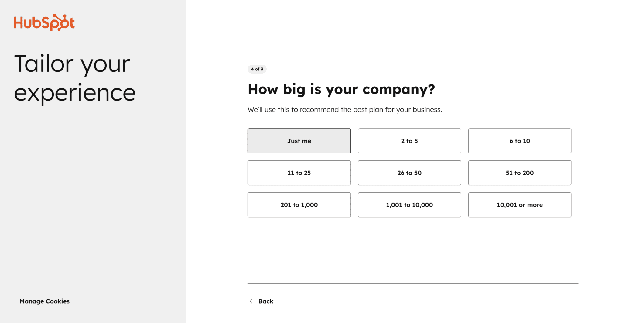 Hubspot onboarding: ¿cuál es el tamaño de tu empresa?