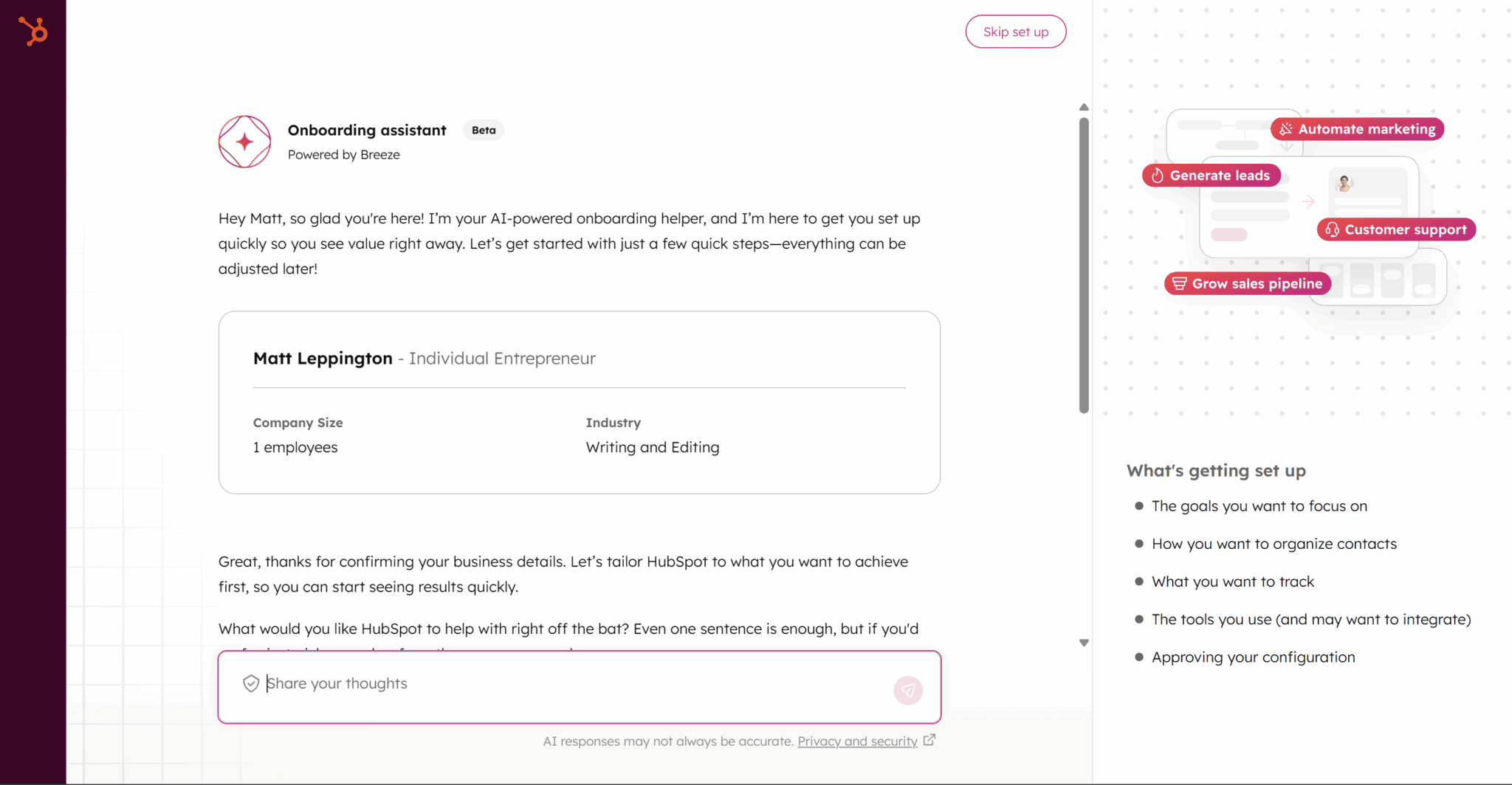 Chatbot de onboarding de Hubspot