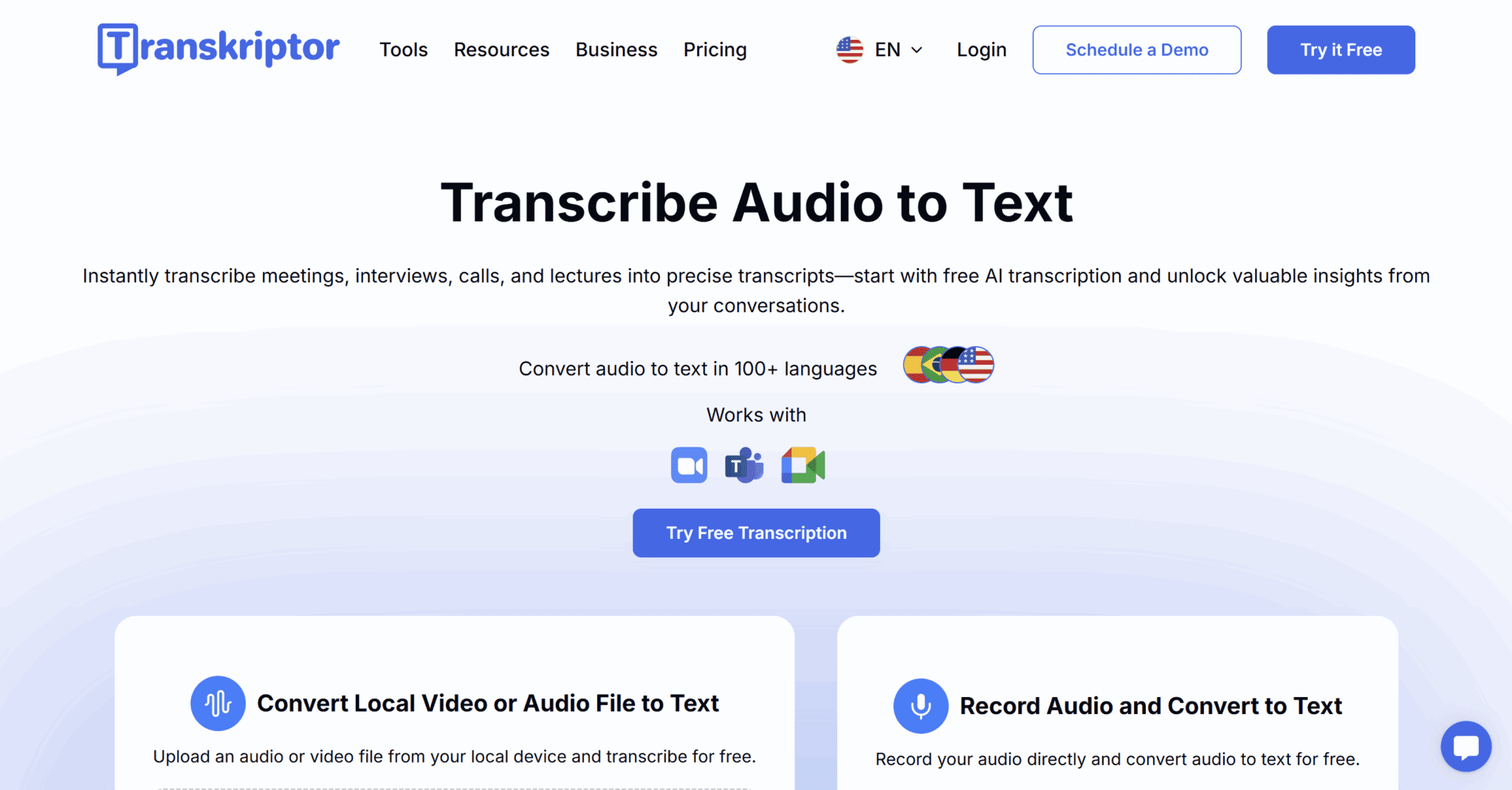 Homepage di Transkriptor a ottobre 2025