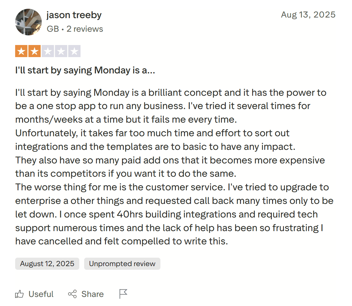 Dwugwiazdkowa recenzja Jasona dotycząca serwisu Monday.com na TrustPilot.