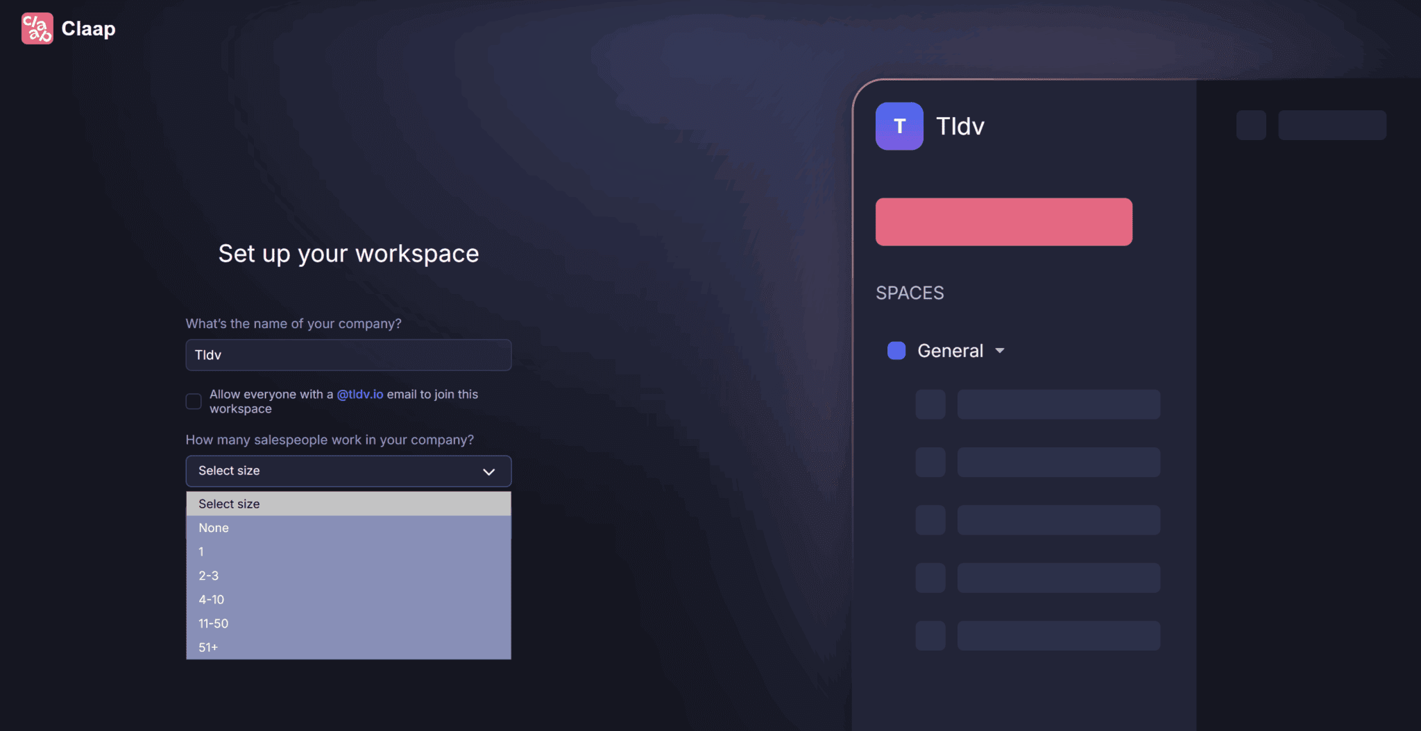 L'onboarding di Claap inizia con il tuo spazio di lavoro.