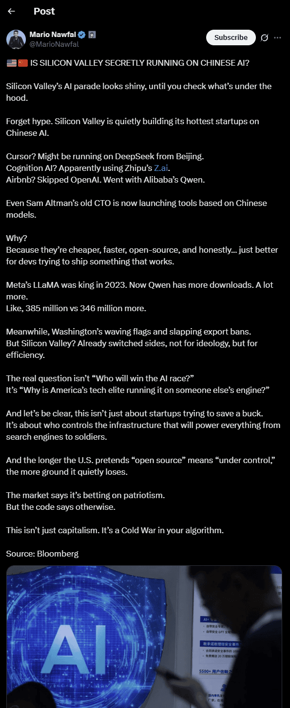 Tweet: Entscheidet sich Silicon Valley für chinesische KI statt für amerikanische?