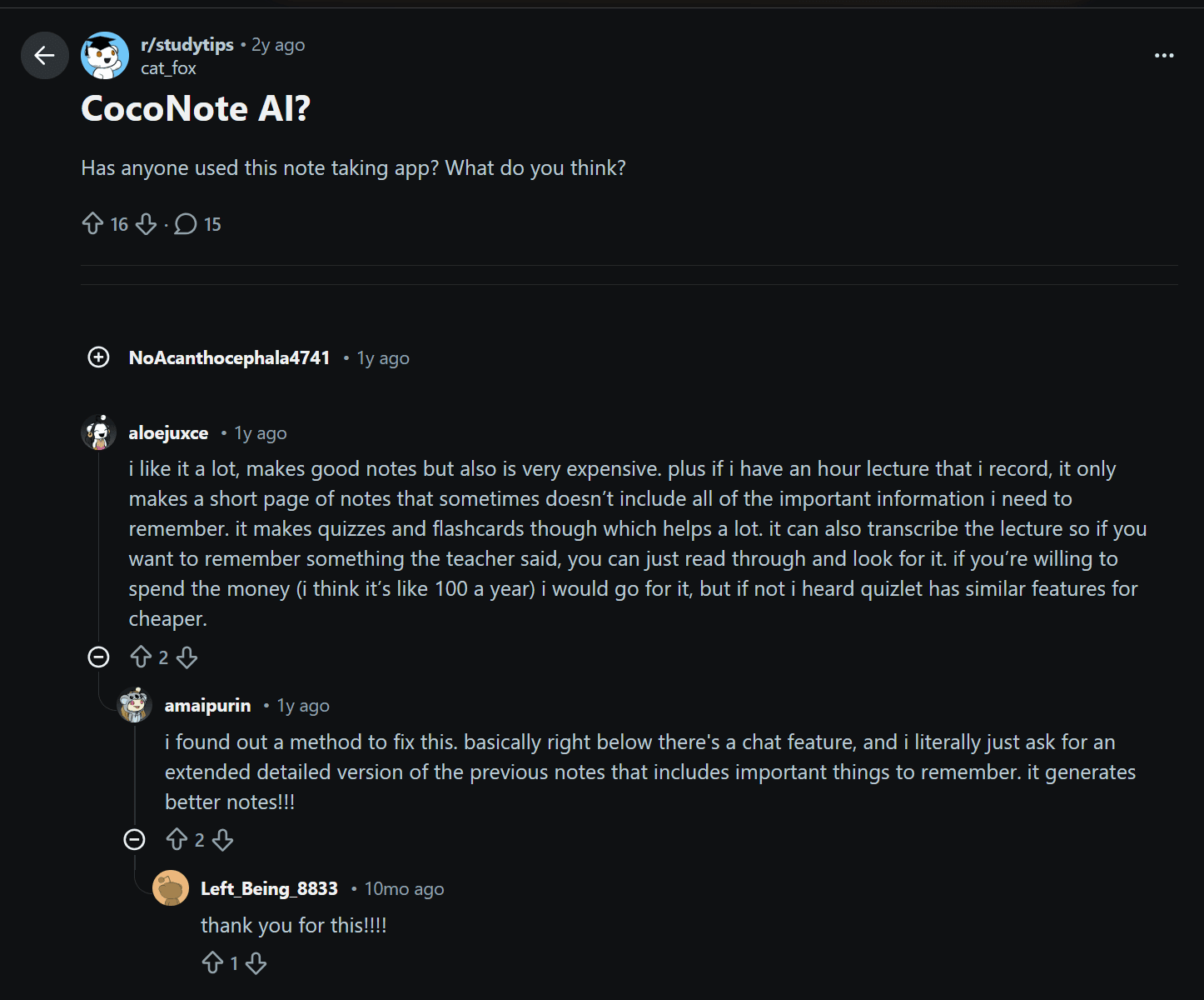 Coconote AIがRedditで推奨されました。