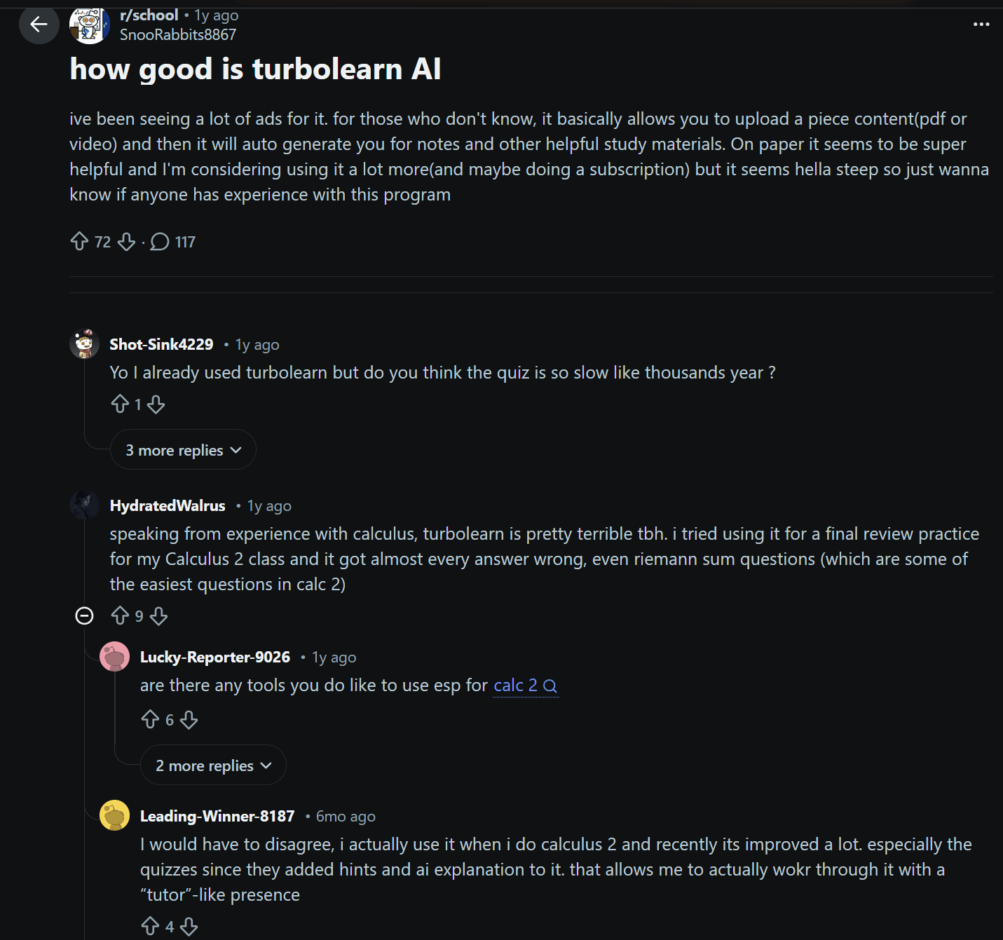 Коментар користувача Reddit щодо Turbo AI для диференціального числення, в якому він зазначає, що це «чесно кажучи, досить жахливо», отримав 9 лайків.