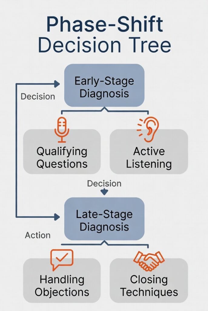 Diagramma di flusso dell'albero decisionale dello spostamento di fase che mostra la diagnosi nella fase iniziale rispetto a quella nella fase avanzata con percorsi tecnici mappati