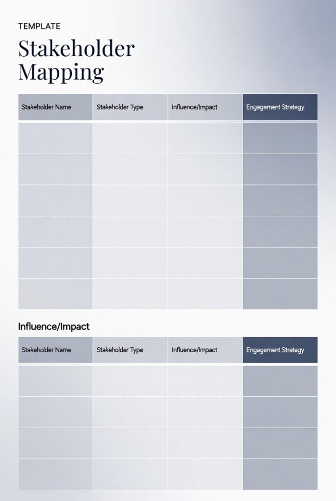 Modello di mappatura degli stakeholder di una pagina con layout a griglia per classificare gli stakeholder e le strategie.