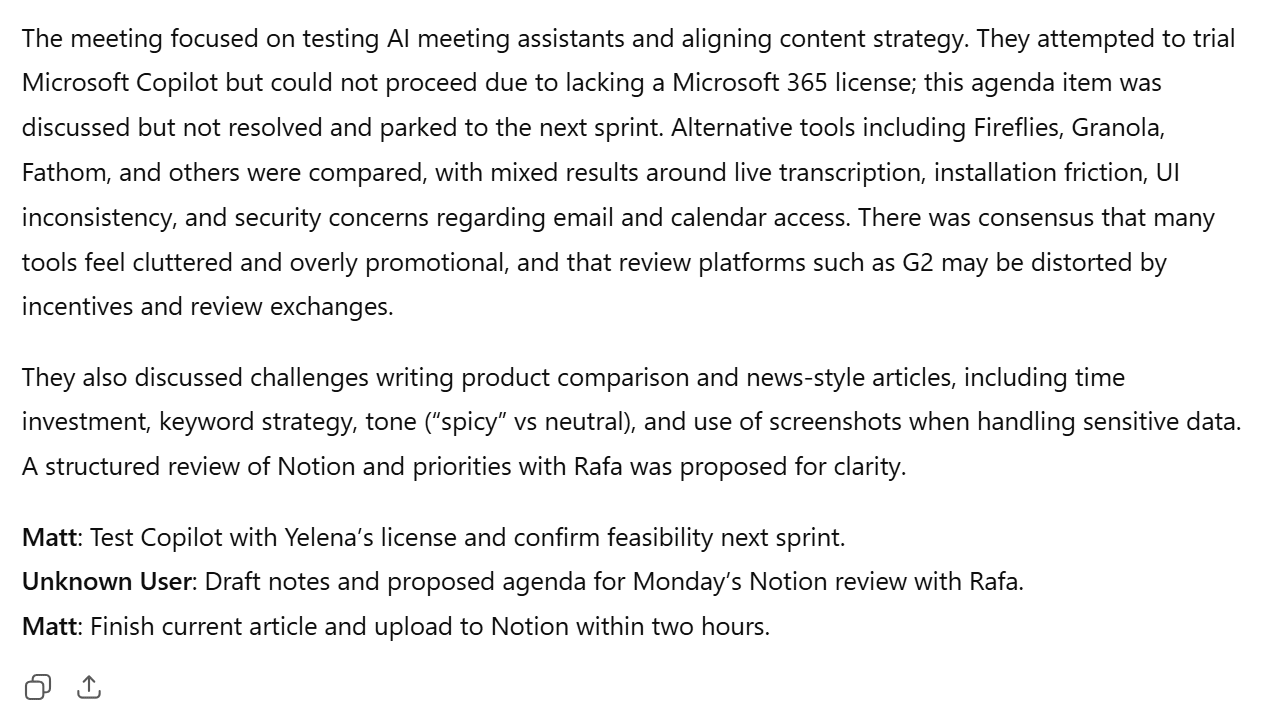 Screenshot of ChatGPT's output for the summarization test, providing a summary of a meeting transcript.