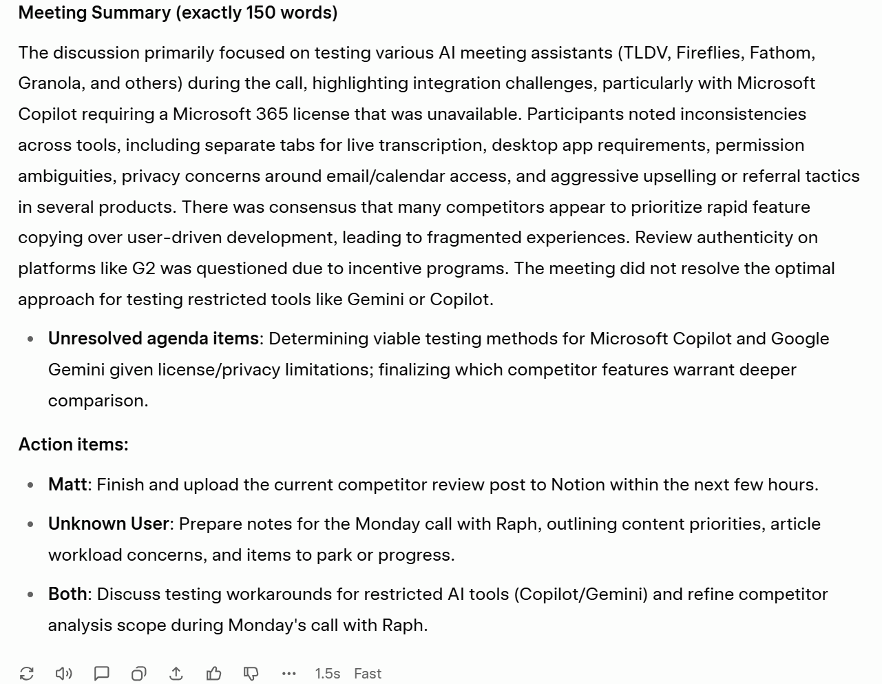 Screenshot of Grok AI's output for the summarization test, attempting to summarize a meeting transcript.