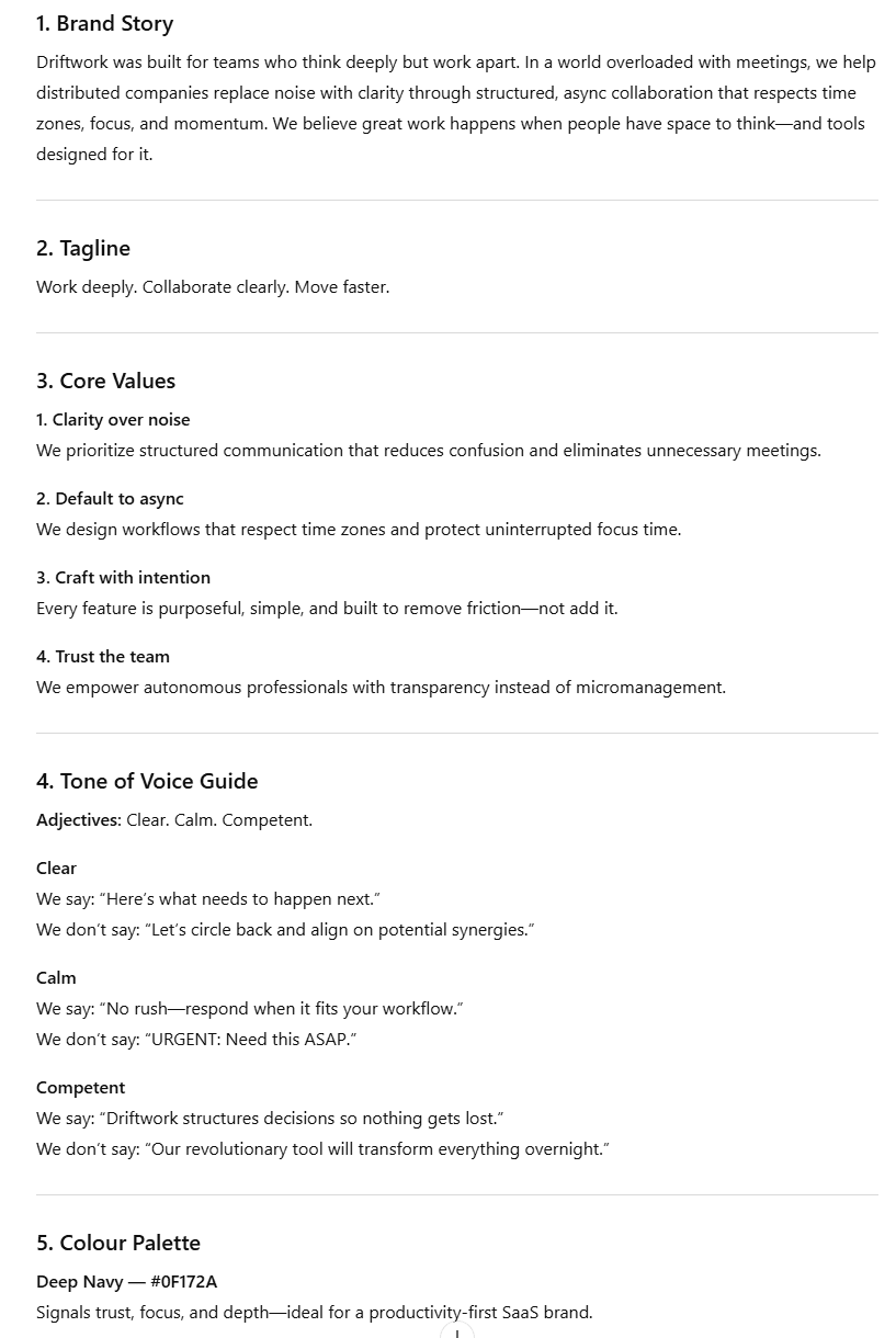 Screenshot of the first part of ChatGPT's response to the brand kit creation prompt for Driftwork.