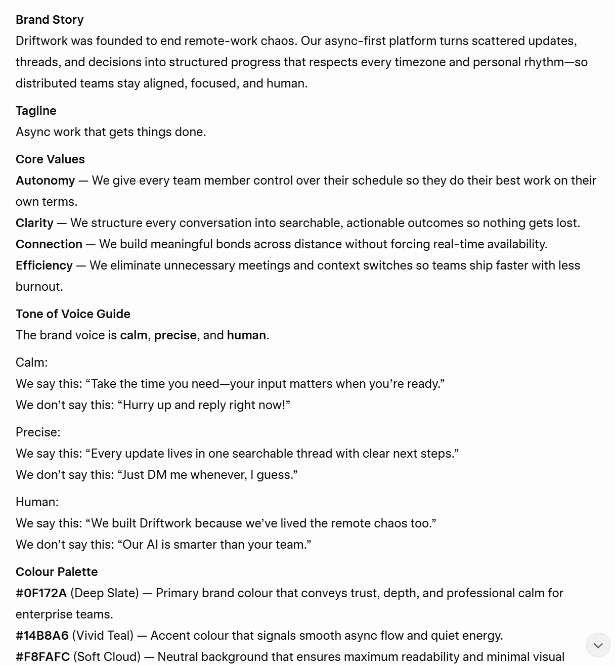 Screenshot of the first part of Grok AI's response to the brand kit creation prompt for Driftwork.
