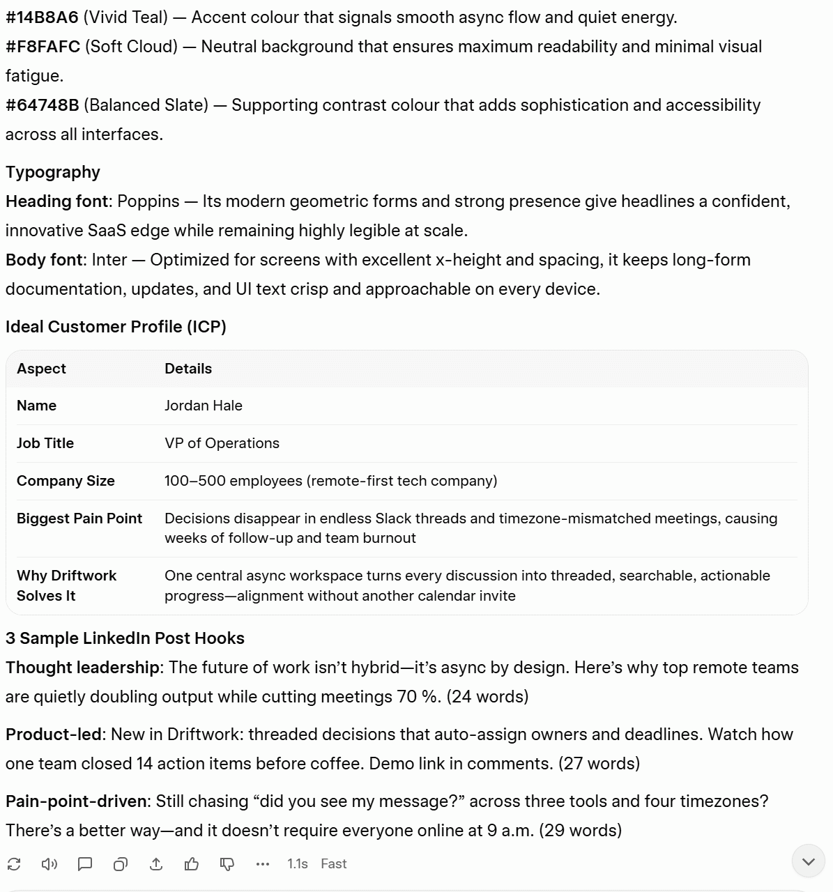 Screenshot of the second part of Grok AI's response to the brand kit creation prompt for Driftwork.