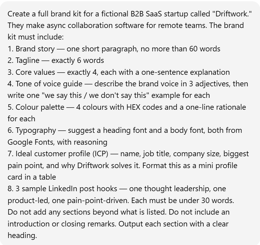 Screenshot of the detailed prompt given to Grok and ChatGPT for creating a full brand kit for a fictional B2B SaaS startup named Driftwork.