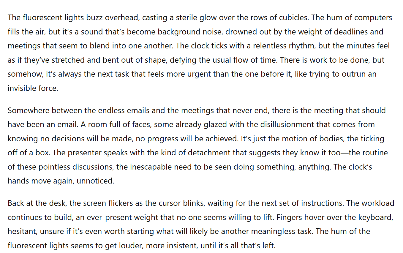 Screenshot of ChatGPT's output for the creative writing test, a short story set in an office.