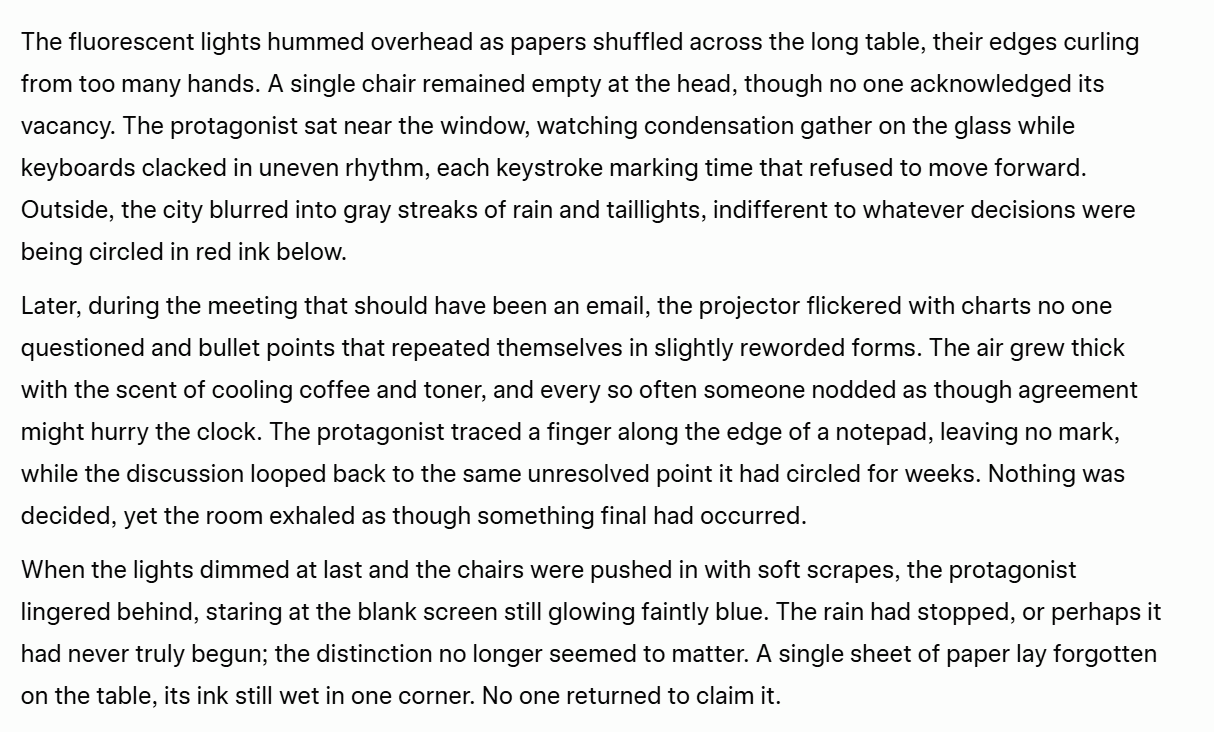 Screenshot of Grok AI's output for the creative writing test, a short story set in an office.
