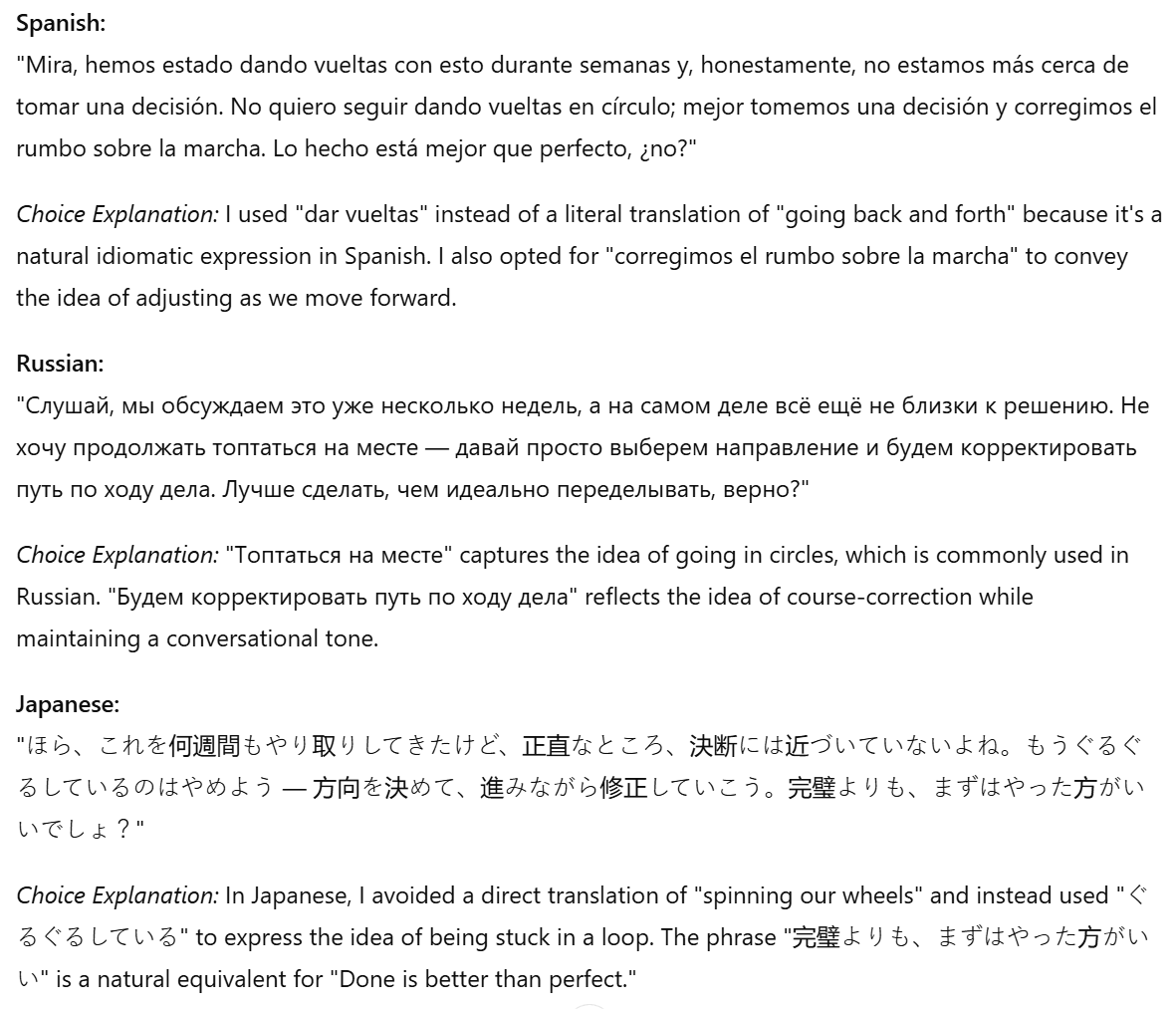 Screenshot of ChatGPT's output for the multilingual translation test, showing translations and explanations in various languages.