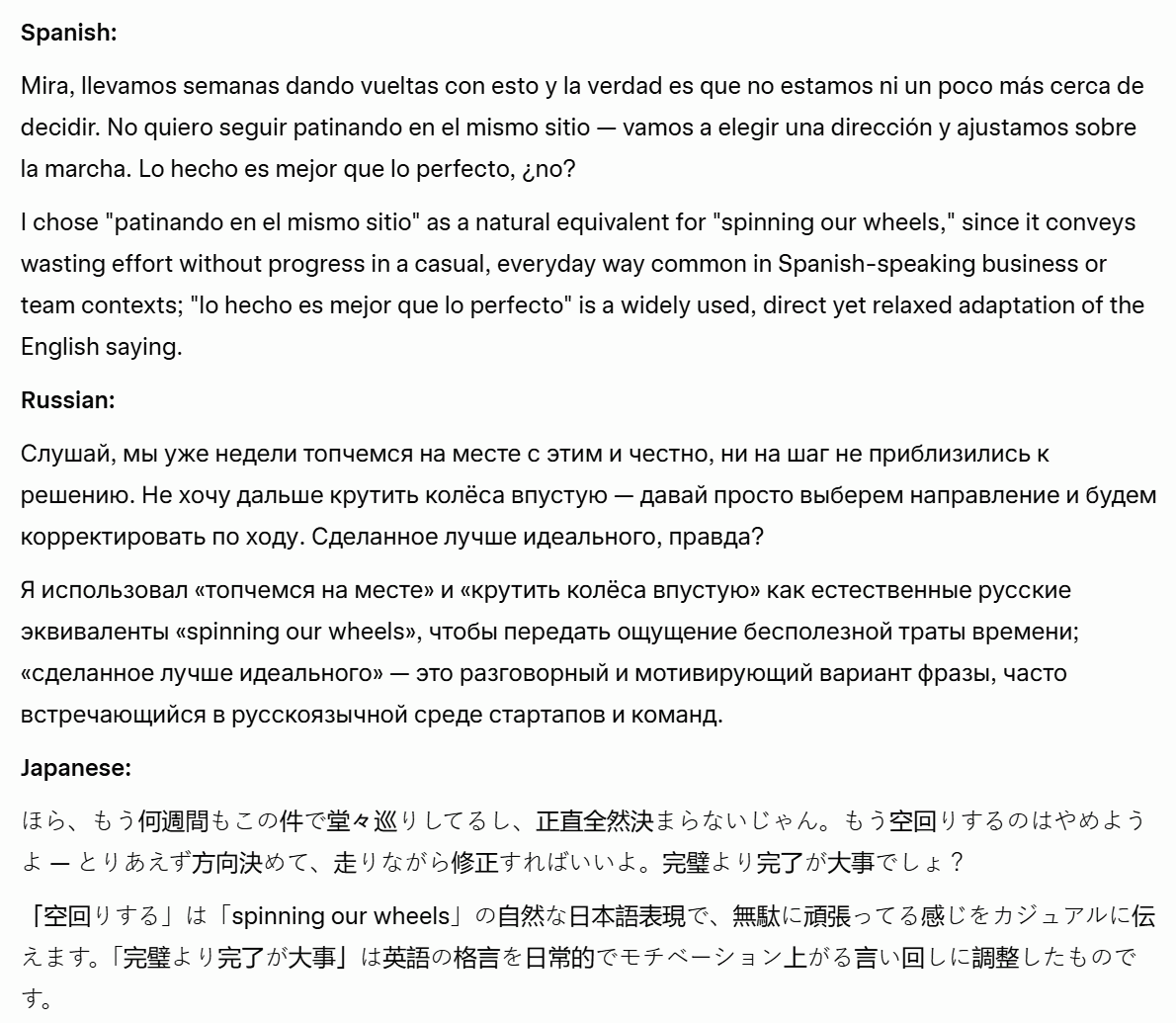 Screenshot of Grok AI's output for the multilingual translation test, showing translations and explanations in various languages.