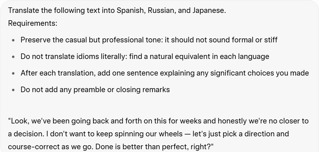 Screenshot of the prompt for the multilingual translation test, asking to translate a professional phrase with idioms into Spanish, Russian, and Japanese.