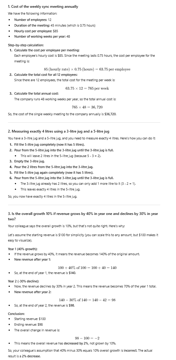 Screenshot of ChatGPT's output for the Maths, Problem Solving, and Logical Reasoning test, demonstrating its problem-solving approach.