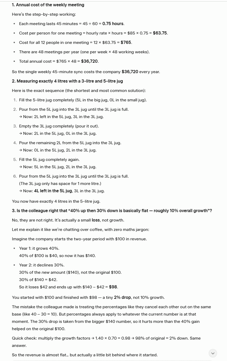Screenshot of Grok AI's output for the Maths, Problem Solving, and Logical Reasoning test, showing its step-by-step solution.