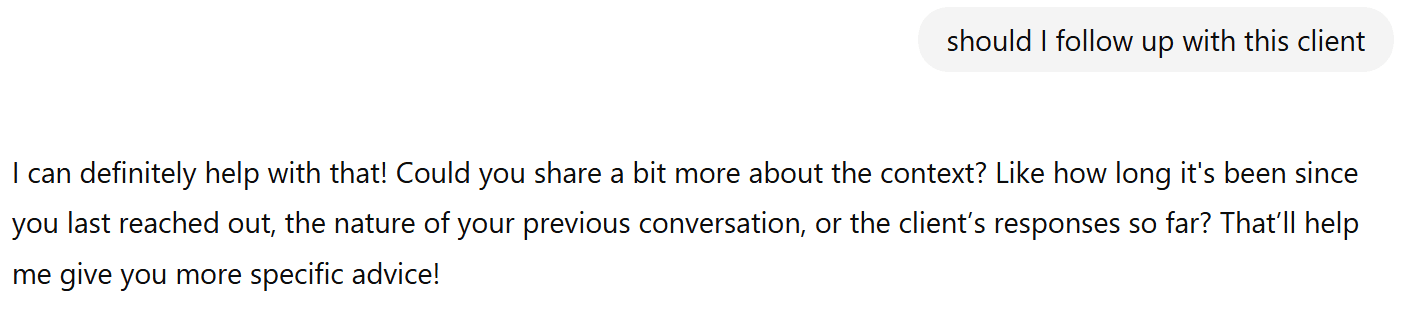 Screenshot of ChatGPT's output for the Handling Vague Queries test, demonstrating its brief and simple approach to clarifying vague requests.
